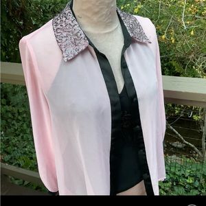 Pink sheer blouse sequins collar black trim valentine’s Day barbiecore spring 2X